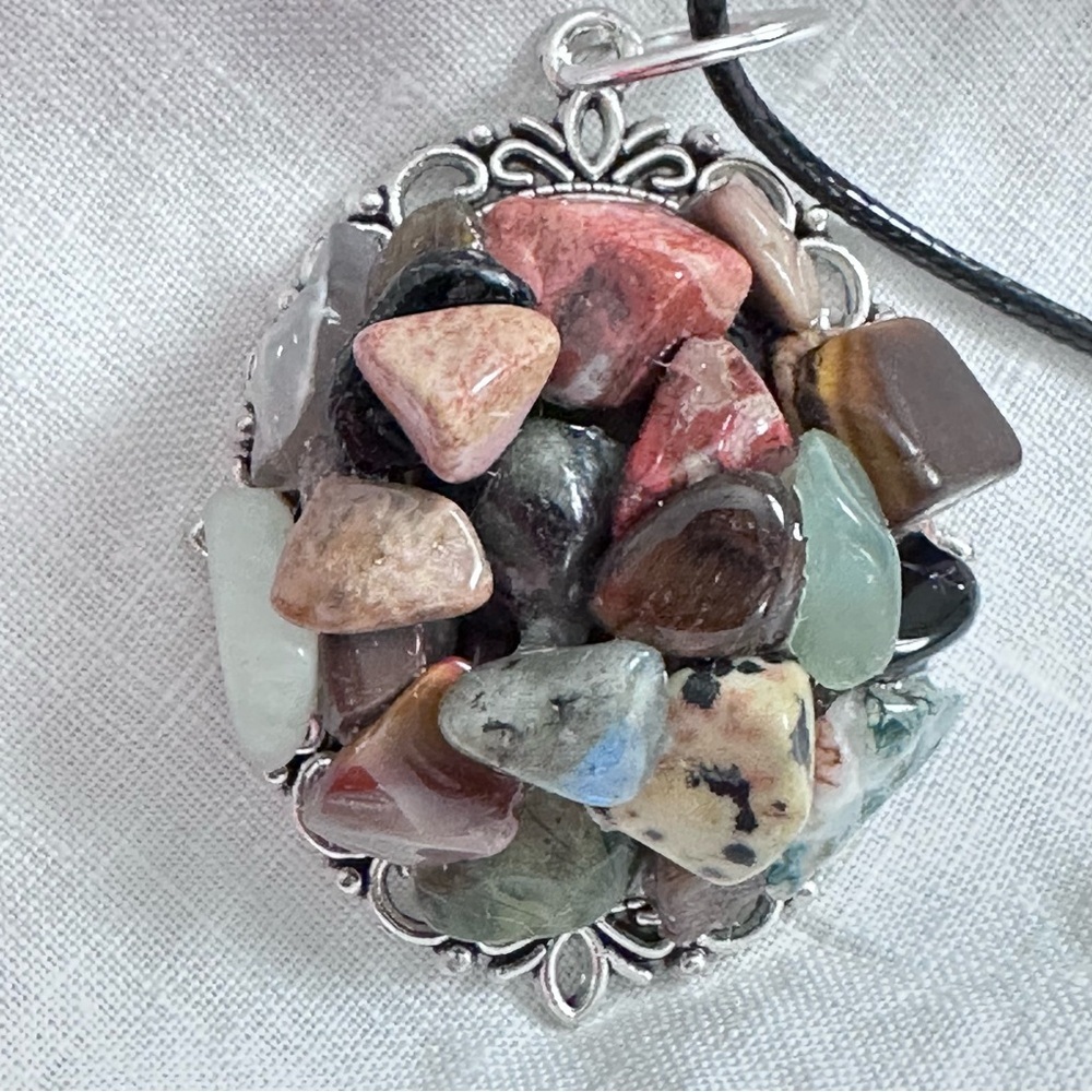 Handmade Multi-Stone Cluster Pendant Necklace in Earth Tones - Jasper, Jadeite